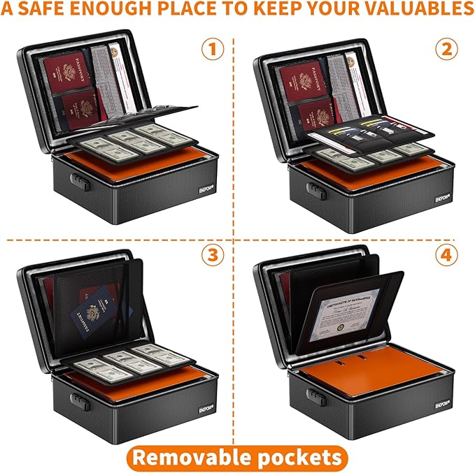 ENGPOW Fireproof Document Box with Lock, Fireproof Water Resistant Heat Insulated Safe Box Hard Case with Fireproof Zipper, P