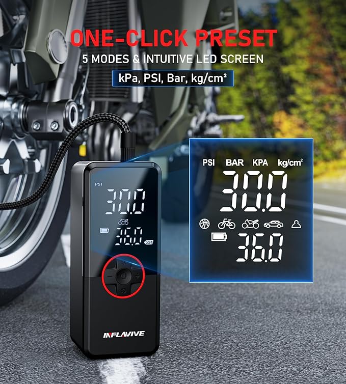 Tire Inflator Portable Air Compressor, 3X Fast Inflate Cordless Air Pump for Car Tires with LED Light, 150PSI Portable Electric Pump with Digital Pressure Gauge, for Bike Motorcycle Car Ball