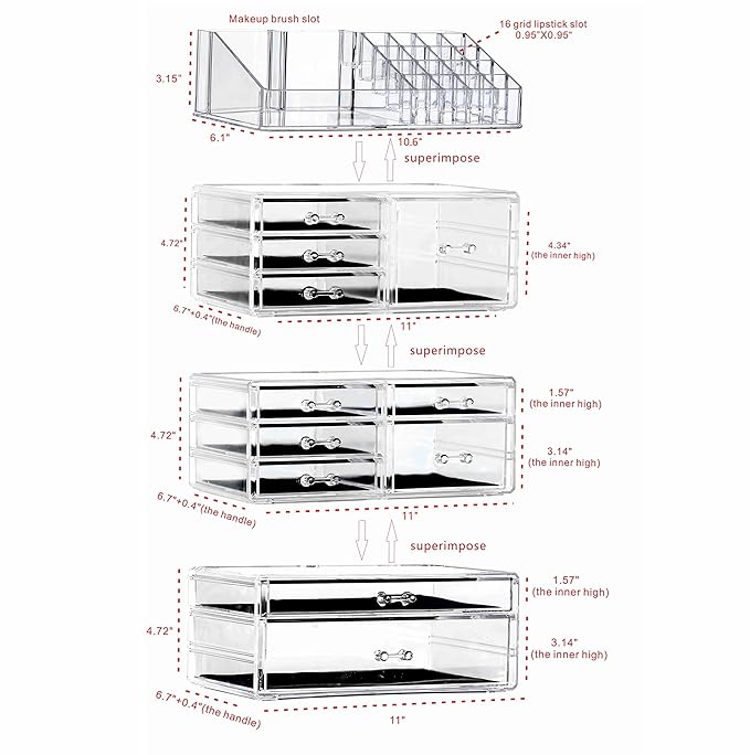 Cq acrylic Clear Makeup Storage Organizer Drawers Skin Care Large Cosmetic Display Cases Stackable Storage Box With 11 Drawer