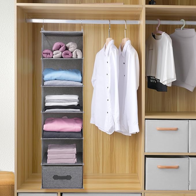 Large Hanging Sweater Organizer for Closet,Collapsible 6-Shelf Hanging Closet Shelves with Drawers, Washable (Grey-6 Shelf-1 