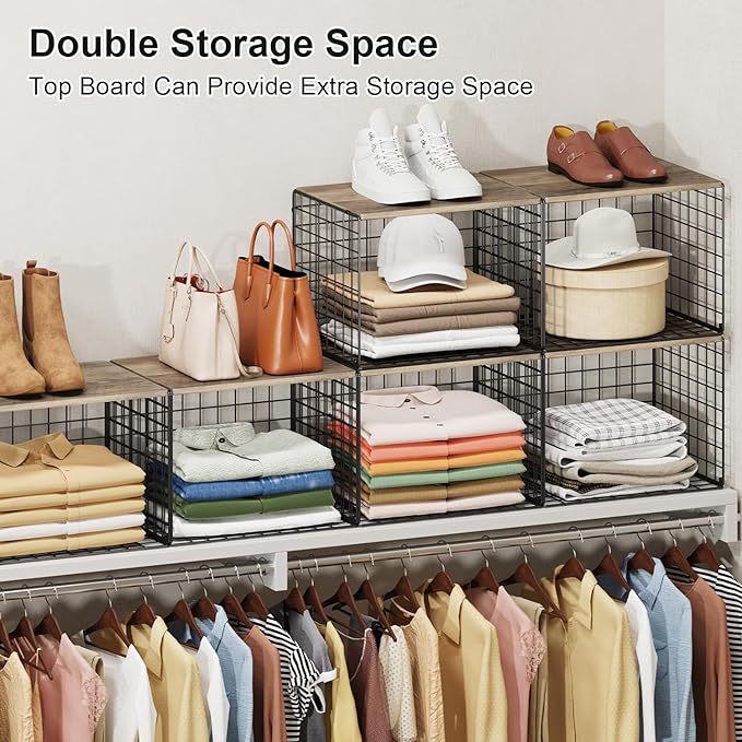 Widened & Heightened Closet Organizers And Storage Shelves With Top Board, Set of 3 Stackable Closet Shelf Organizer Storage 