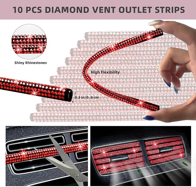 NBTEPEM 30 Pcs Red Bling Car Accessories Set for Women, Red Steering Wheel Cover Set, Bling Console Cover, Seat Belt Cushion, Shift Knob Cushion, Cup Holder Coaster, Rhinestone Car Hanging Accessories