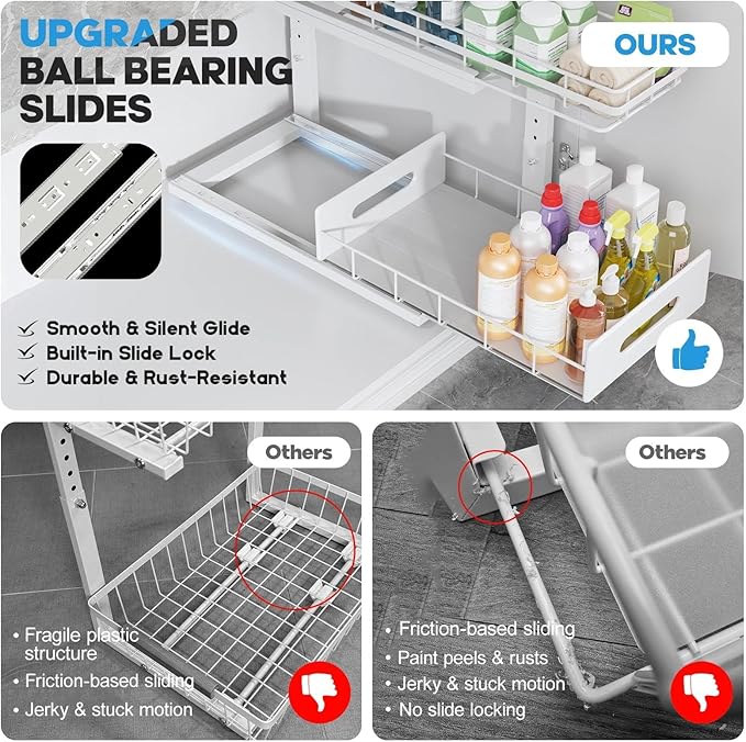 Under Sink Organizer Upgrade To Professional Rails,2-Tier Dual Pull Out Cabinet Storage,Height Adjustable Slide Out Drawers F