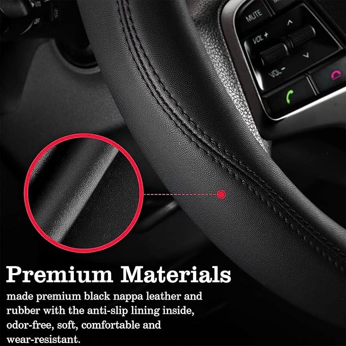 Black Car Steering Wheel Cover, Nappa Leather, Bottom Color Blocking, Fashionable Sporty Style, Universal 14.5-15 Inch Leathe