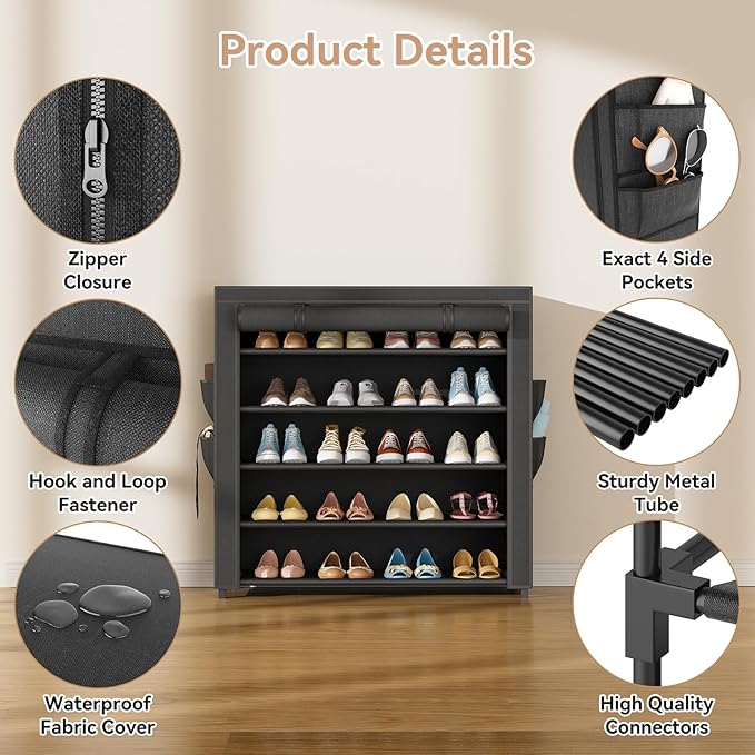 LANTEFUL Shoe Rack with Covers 5 Tier Tall Shoe Rack Organizer Large Capacity Shoe Shelf Storage 20-24 Pairs Space Saving Fre