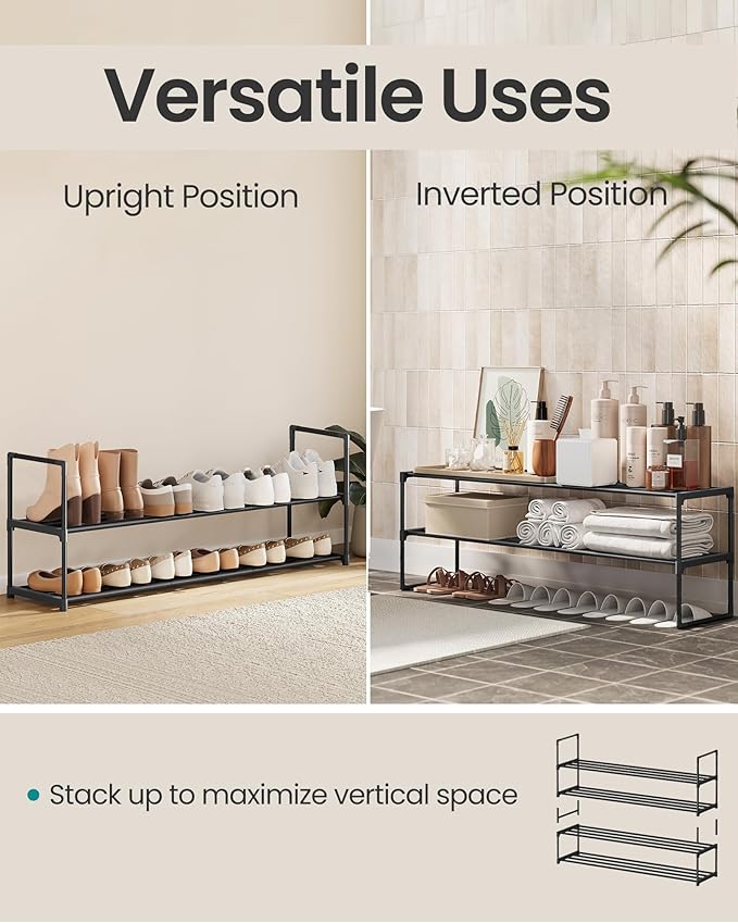 SONGMICS Shoe Rack, 2-Tier Shoe Organizer, Metal Storage Shelf, Upright or Upside Down, for 15-18 Pairs, Stackable, for Entry
