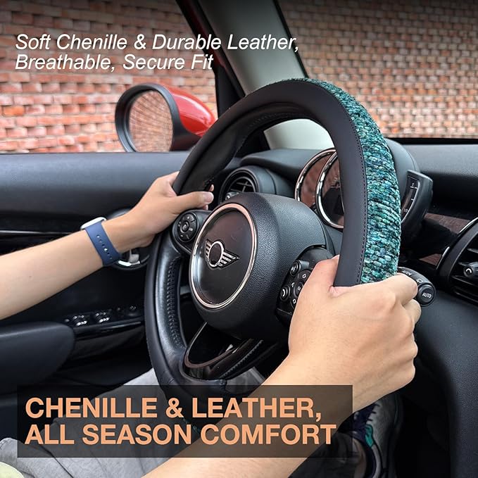 PINCTROT Large Size Chenille Leather Steering Wheel Cover, Soft Mottled Colors, Sweat-Proof, Non-Slip Grip, All-Season Comfor