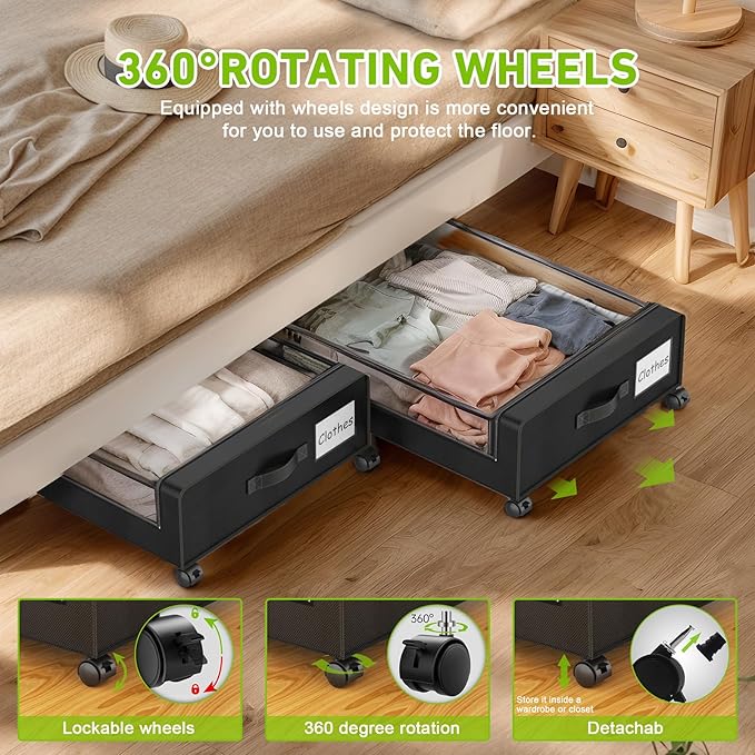 Under Bed Storage with Wheels, 2-Pack Under the Bed Storage Containers with Clear Lids & Label, Underbed Storage Bins, XXL 60