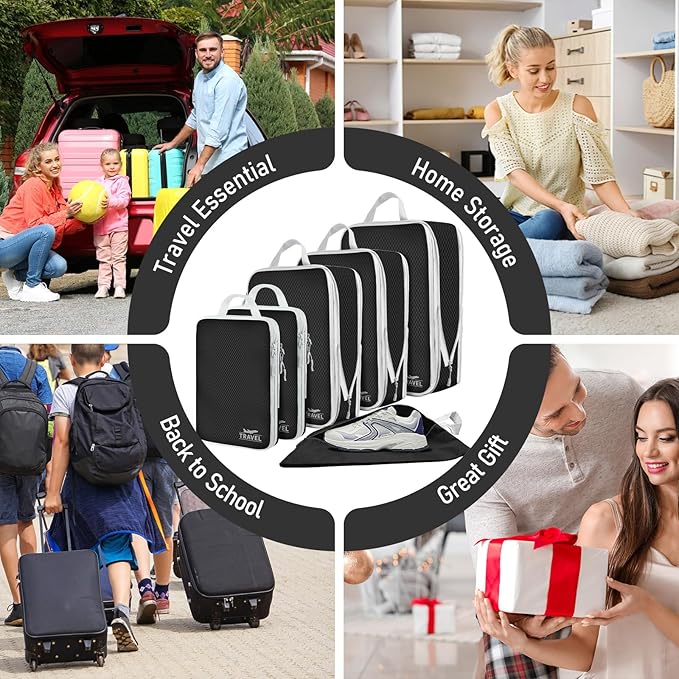 6 Set Compression Packing Cubes, Suitcase Organizer, Lightweight Travel Essentials, Compression Bags For Travel Accessories L