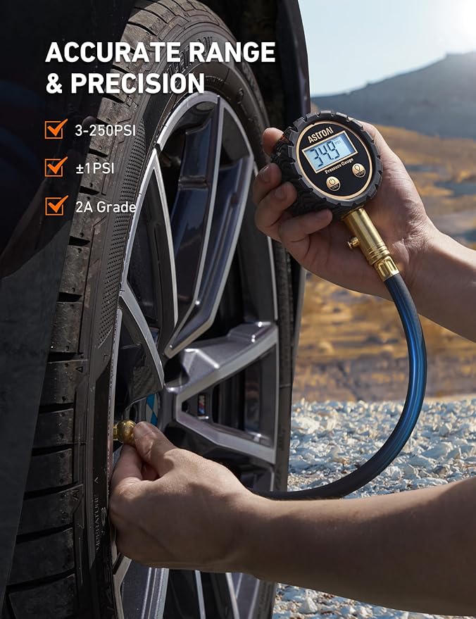 AstroAI Pro Digital Tire Pressure Gauge 3-250PSI ANSI B40.7 Grade 2A (±0.5%), Tire Gauge for Tire Pressure, Solid Brass with Rubber Hose, Air Bleeder Valve and Backlit LED, Car Accessories, Gold