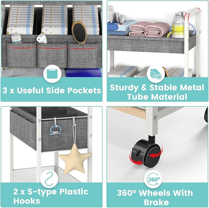 2In1 Baby Diaper Caddy & 3-Tier Rolling Diaper Cart, Diaper Caddy Organizer Cart with Dividers, Metal Detachable Bedside Cart