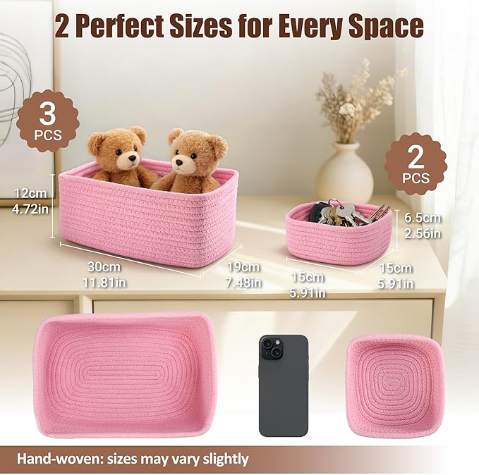 5-Pack Small Woven Rope Storage Baskets – 2 Sizes Organizer Bins for Closet, Shelf, Bookshelf, Nursery, Changing Table, Fabri