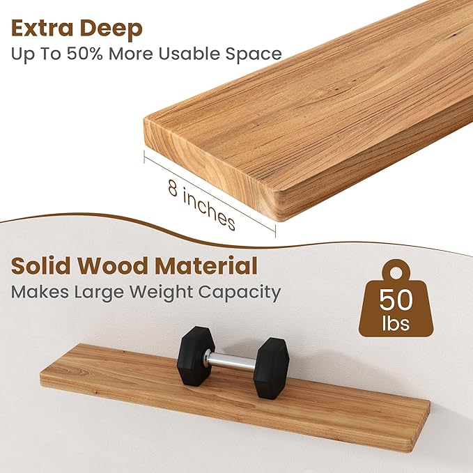 Floating Shelves for Wall, 36"Wx8"D Rustic Solid Elm Wood Floating Shelves Wall Mounted, Round Edge Wall Shelves with Invisib