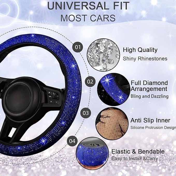 NBTEPEM 30 Pcs Blue Bling Car Accessories Set for Women, Blue Steering Wheel Cover Set, Bling Console Cover, Seat Belt Cushion, Shift Knob Cushion, Cup Coaster, Rhinestone Car Hanging Accessories