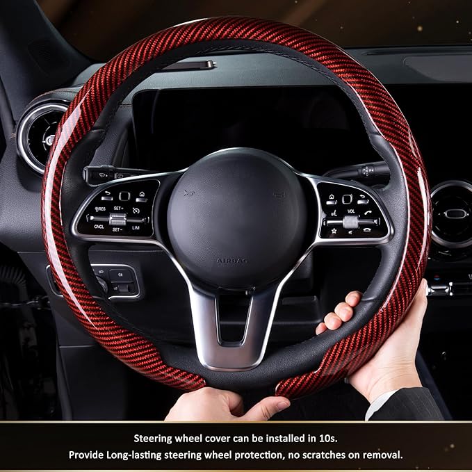 Aimato Car Steering Wheel Cover Carbon Fiber, Ultra-Thin Car Steering Wheel Cover,Comfortable & Breathable Microfiber,Universal Fit for Most Cars, Bright Red