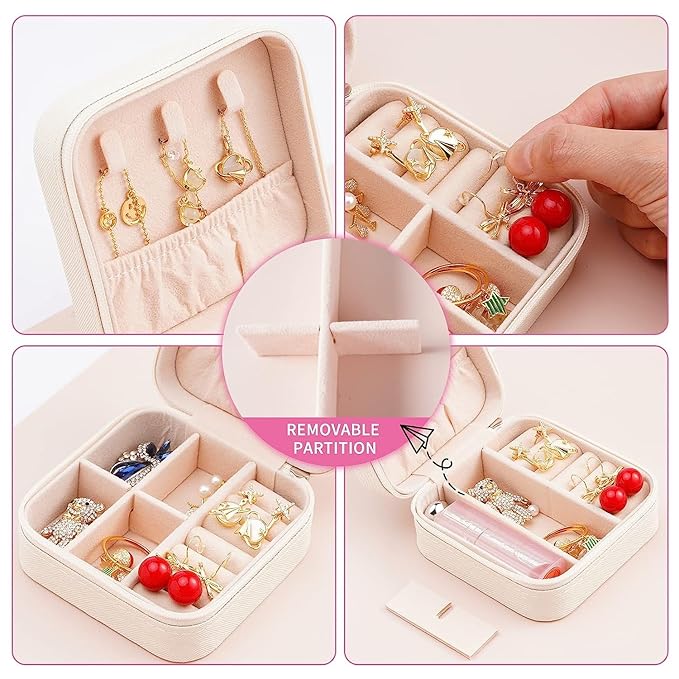 Neveika Portable Travel Mini Jewelry Box Leather Jewellery Ring Organizer Case Storage Gift Box Girls Women (4pcs White).