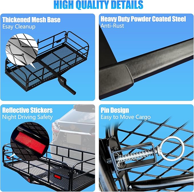 KAIRAY 500 Lbs Heavy Duty Hitch Mount Cargo Carrier 60" x 24" x 14.4" Folding Cargo Rack Rear Luggage Basket Fits 2" Receiver for Car SUV Camping Traveling