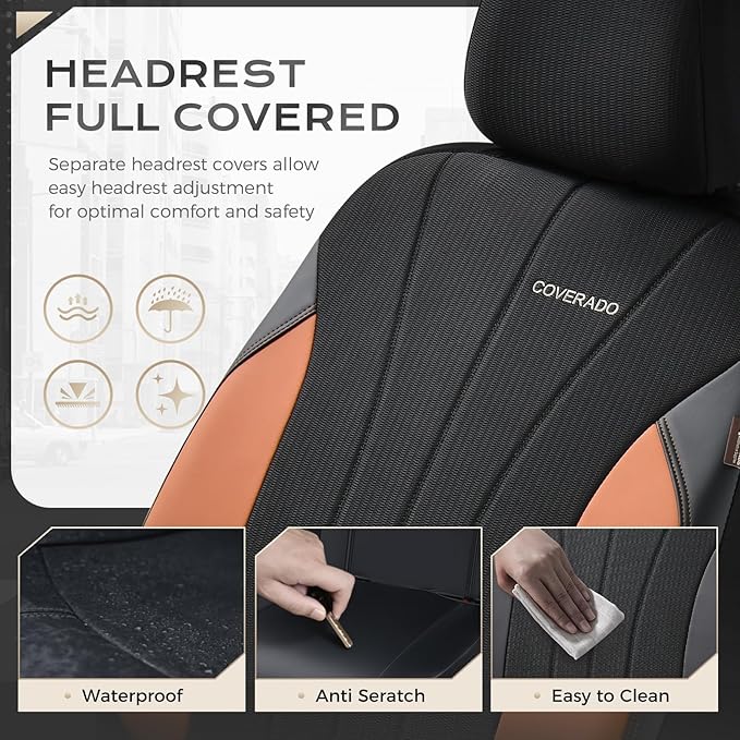 Coverado Seat Covers for Car, Leather Automotive Car Seat Covers 5 Seats, Mesh Breathable Auto Seat Protectors, Brown Seat Co