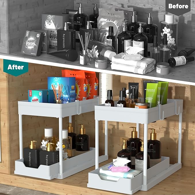 DEKAVA Cabinet, 2 Pack Under Sink Organizer, 2 Tier Sliding Bathroom Kitchen Organizer, Large White ABS Baskets, Easy Install