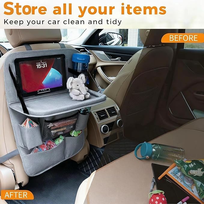 Backseat Car Organizer with Tray, 9 Storage Pockets Back Seat Protector with Foldable Tablet Holder, Waterproof Back of Seat Kick Mats for Kids Adult, Travel Accessories, Gray