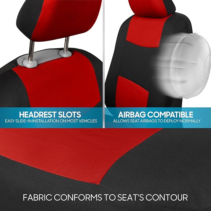 BDK PolyPro Car Seat Covers Full Set in Red on Black – Front and Rear Split Bench Seat Covers, Easy to Install, Accessories f