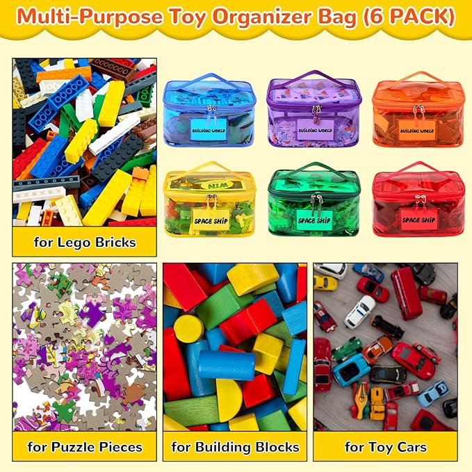 Tesuko 6 Pack Clear Toy Storage Bag with Name Tag& Manual Pocket, Waterproof Transparent PVC Toy Organizer Case for Lego Bric