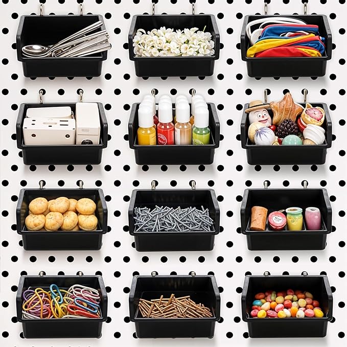 20 Pack Pegboard Bins With Metal Hooks, Black Pegboard Storage Bins, Pegboard Containers For Peg Board Organizing Accessories