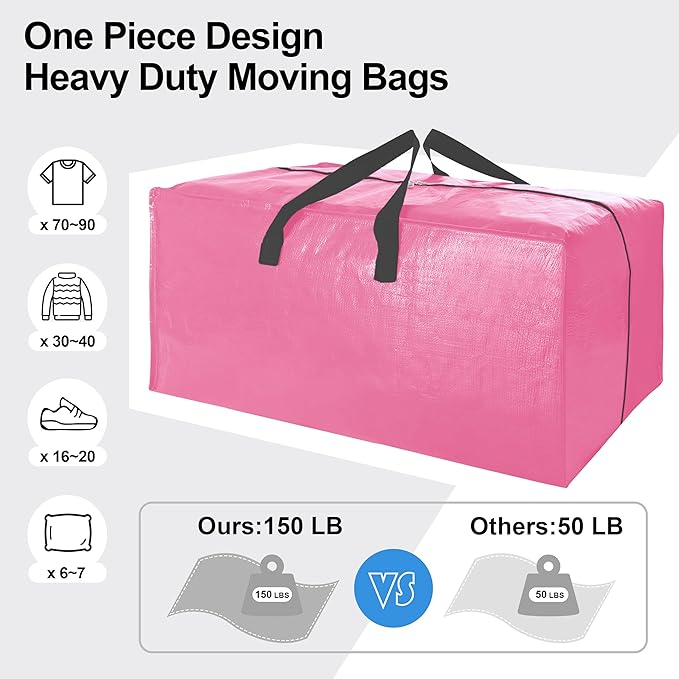 6 Pack Heavy Duty Extra Large Moving Bags W/Backpack Straps - Strong Handles & Zippers, Storage Totes For Space Saving, Fold 