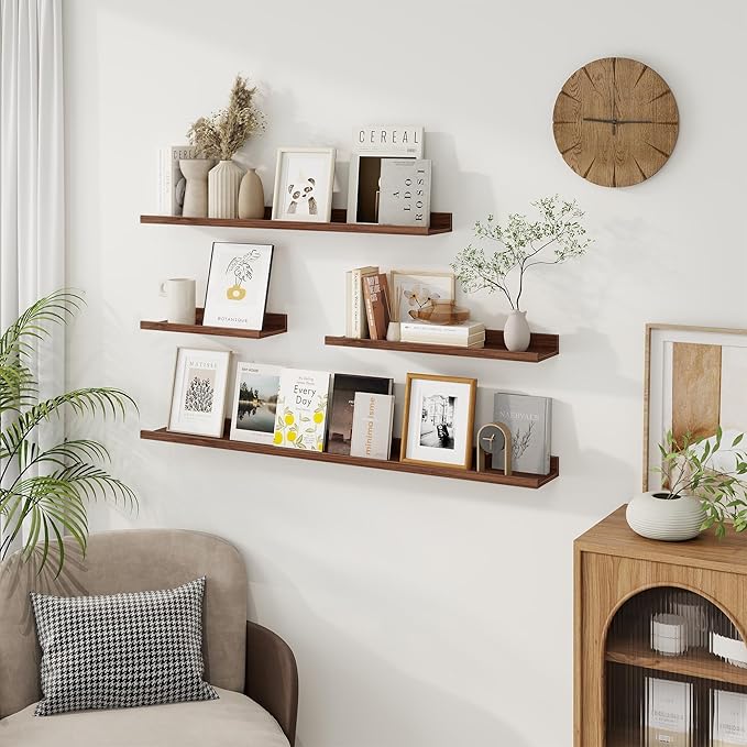 Axeman 30 Inch Floating Shelves | Walnut Picture Ledge Shelf Set of 3 | Rustic Wood Wall Shelves with Lip | 30" Walnut Pictur