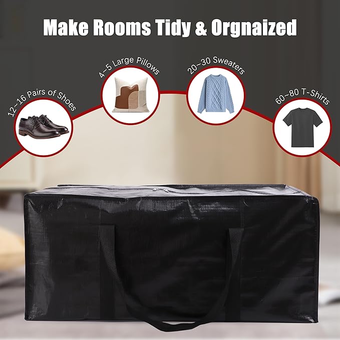 Extra Large Moving Bags with Zippers & Carrying Handles, Heavy-Duty Storage Tote for Space Saving Moving Storage, Fold Flat, 