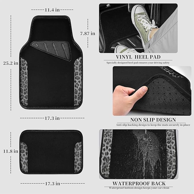 CAR PASS Waterproof Universal Car Floor Mats, Leopard Print Car Mats Fit for SUV,Vans,sedans, Trucks,Set of 4pcs Car Carpet w