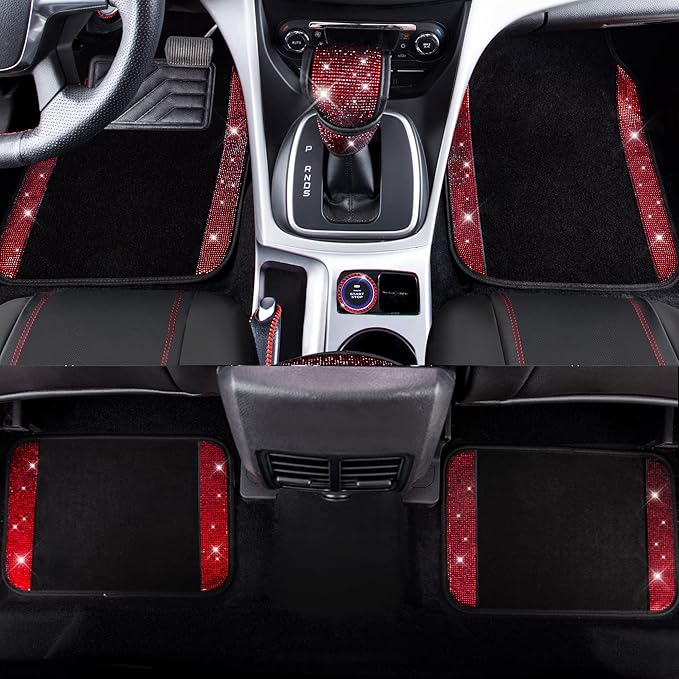CAR PASS Rhinestone Red Bling Diamond Car Seat Covers Leather Black & Shining Car Floor mats Carpet with Anti-Slip Nibs& Blin