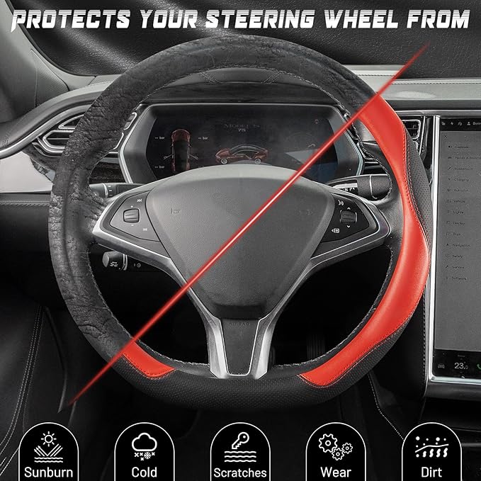 SEG Direct D Shaped Steering Wheel Cover, Flat Bottom Car Wheel Cover 14 1/2-15 in. (37-39 cm), Black and Red Microfiber Leat