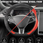 SEG Direct D Shaped Steering Wheel Cover, Flat Bottom Car Wheel Cover 14 1/2-15 in. (37-39 cm), Black and Red Microfiber Leat