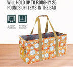 Extra Large Utility Tote Bag - Oversized Collapsible Reusable Wire Frame Rectangular Canvas Basket With Two Exterior Pockets For Beach, Pool, Laundry, Car Trunk, Storage - Volleyball