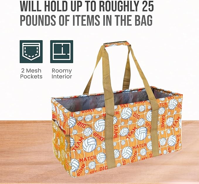 Extra Large Utility Tote Bag - Oversized Collapsible Reusable Wire Frame Rectangular Canvas Basket With Two Exterior Pockets For Beach, Pool, Laundry, Car Trunk, Storage - Volleyball