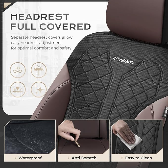 Coverado Seat Covers for Car 5 Seats, Leather Car Seat Covers Fullset, Breathable Mesh Front and Rear Protectors, Coffee Luxu