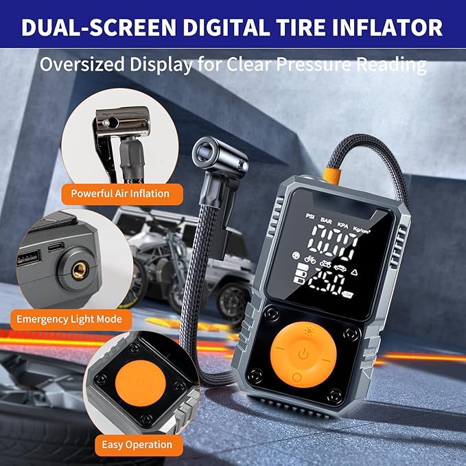 Portable Tire Inflator, 150PSI Cordless Air Pump for Fast Inflation, for Car Tires, Bike Tires, Motorcycles, and Balls, Featuring Pressure Gauge and LED Indicator