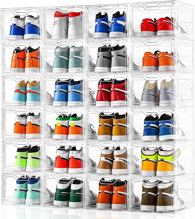 12 Pack Thicken & Sturdy Clear Shoe Storage Organizer with Magnetic Door, Shoe Boxes Clear Plastic Stackable for Closet, Shoe
