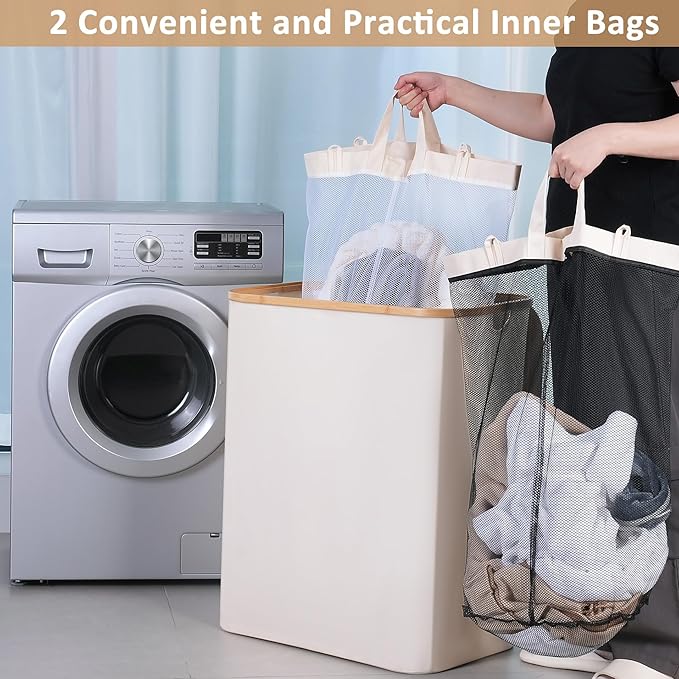 iEGrow 150L Laundry Basket with Lid, Large Laundry Hamper with Bamboo Handle, Collapsible Dirty Clothes Hamper Organizer with