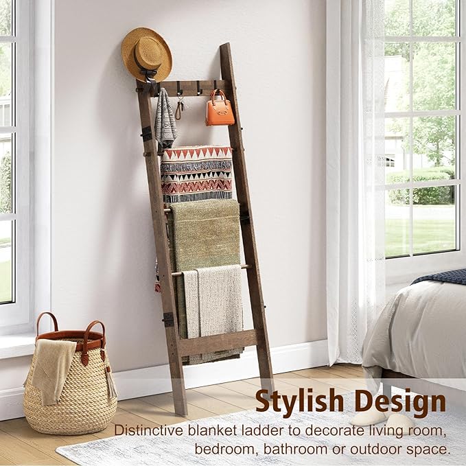 5-Tier Bamboo Ladder Shelf, Farmhouse Style Blanket Ladder, Rustic Decorative Ladder with 4 Removable Hooks, Brown