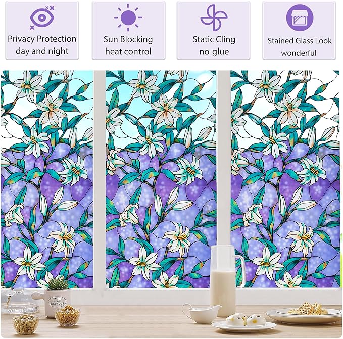 Coavas Decorative Window Privacy Film, Heat Control Sun Blocking Stained Glass Window Film, Floral Design Static Cling, Non Adhesive Windows Tint for Bathroom Front Door(Vinyl, 29.5" x 78.7 ")