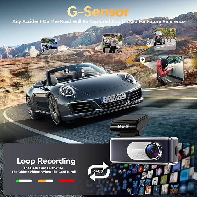 Dash Cam Front and Rear - 4K HD Dual Dash Camera for Cars, Built-in 5G WiFi GPS, 64GB Card, Dashcam with 3.2" IPS Screen, UHD