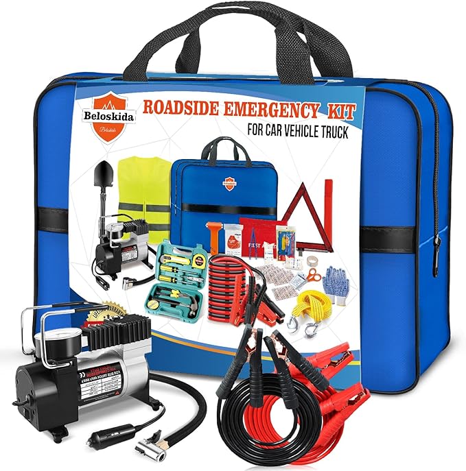 Emergency Car Kit,Roadside Emergency Tool Kit for Vehicle Truck with Air Compressor Jumper Cable First Aid Kit,Winter Auto Ro