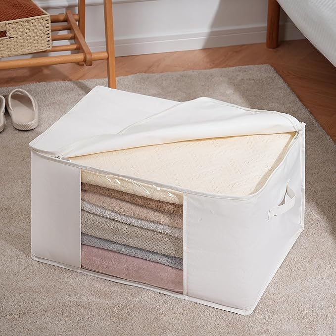 TYEERS Large Storage Bags with Zipper and Clear Window, Cotton Blended Fabric Storage Containers for Seasonal Clothes and Bed