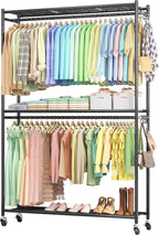 Sakugi Clothes Rack - 45.2" x 12.2" x 79.5" Clothing Rack with Shelves & Wheels, Multi-Functional Wardrobe Closet with Hooks,