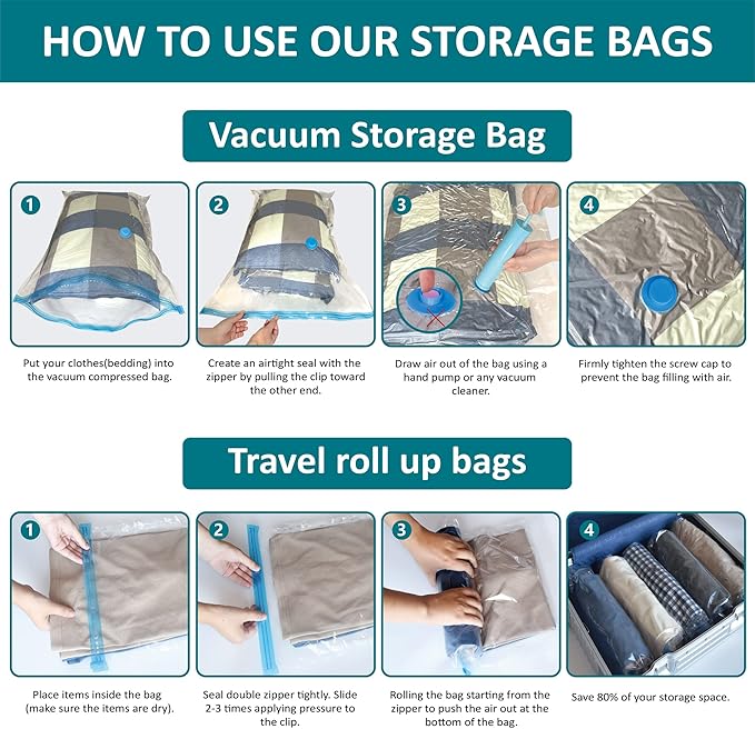 Cozy Essential Vacuum Storage Bags, 80% Compression Vacuum Seal Space Saver Plastic Packaging Bags for Clothes, Blankets, Pil