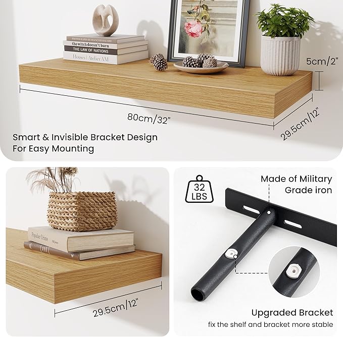 Fun Memories 32 x 12 Floating Shelves Wall-Mounted - Rustic Wood Shelf - 12 Inch Deep Floating Shelves for Wall - Large Stora