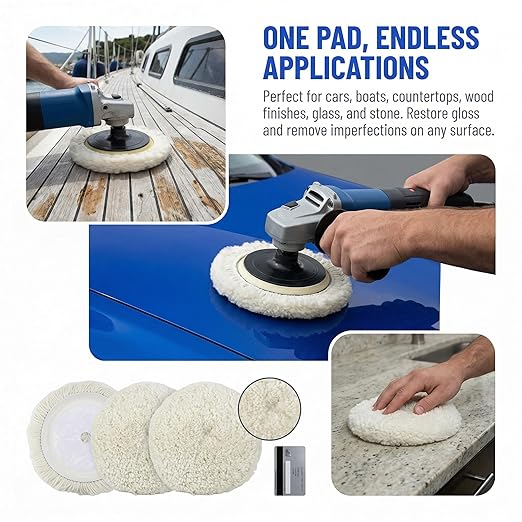 Fasmov 3 Pack Wool Polishing Pad, 7 inch Wool Buffing Pad for Compound Cutting & Polishing, Buffing Pad Kit for Car, Boats, Trucks and RVs Polishing