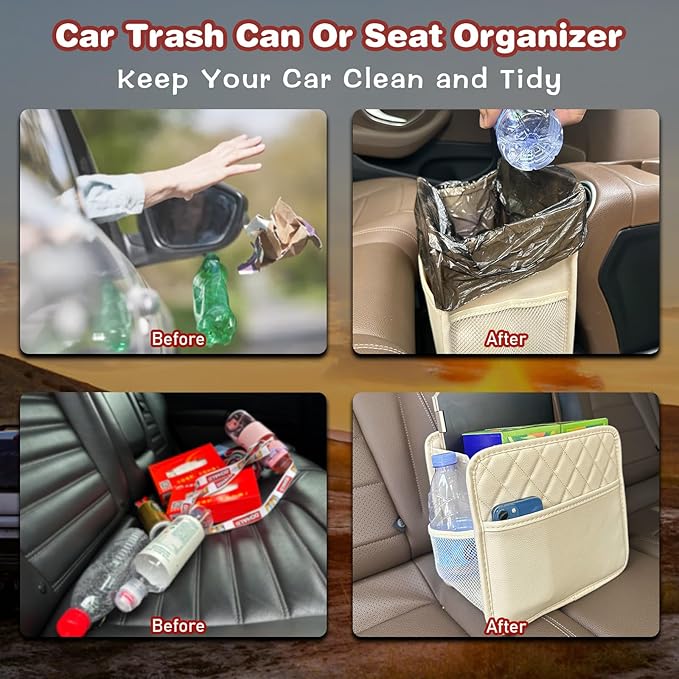 Upgrade Car Seat Organizer Backseat with Storage Pockets, Multipurpose Car Organizer Hanging, Car Trash Bag Can,Premium PU